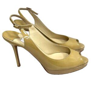 Jimmy Choo Patent Leather Neutral Nude Peep Toe Buckle‎ Slingback Heels Sandals